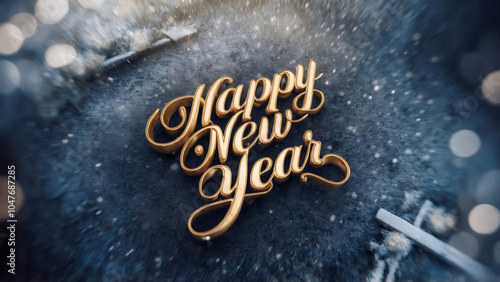 Happy New Year text in elegant gold calligraphy on a frosty, blurred background with falling snowflakes and a bokeh effect, zoom style, fade ,celebration  photo