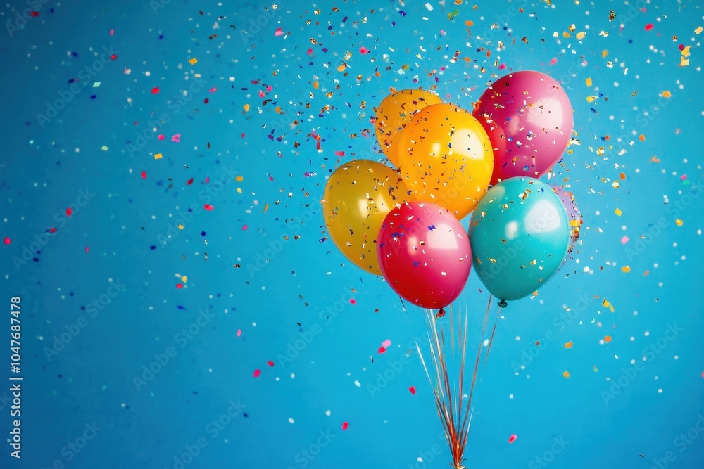 Colorful balloons float against a bright blue background with confetti. Colorful balloons float against a bright blue background with confetti.