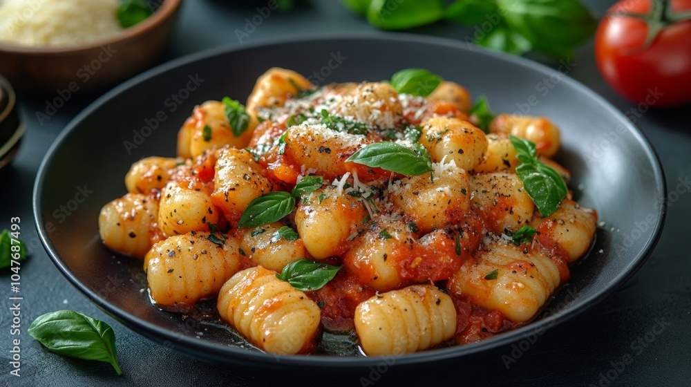 Gnocchi served with tomato sauce.