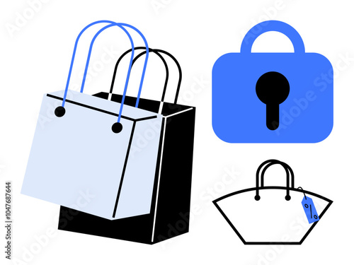 Shopping bags in black and blue colors with a blue lock symbol. Ideal for online shopping e-commerce security retail marketing consumer protection. Minimalistic clean style