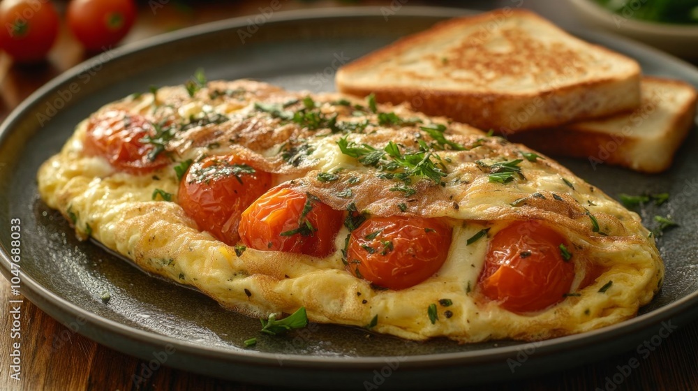 Tomato-stuffed omelette with toast. Tomato-stuffed omelette with toast.