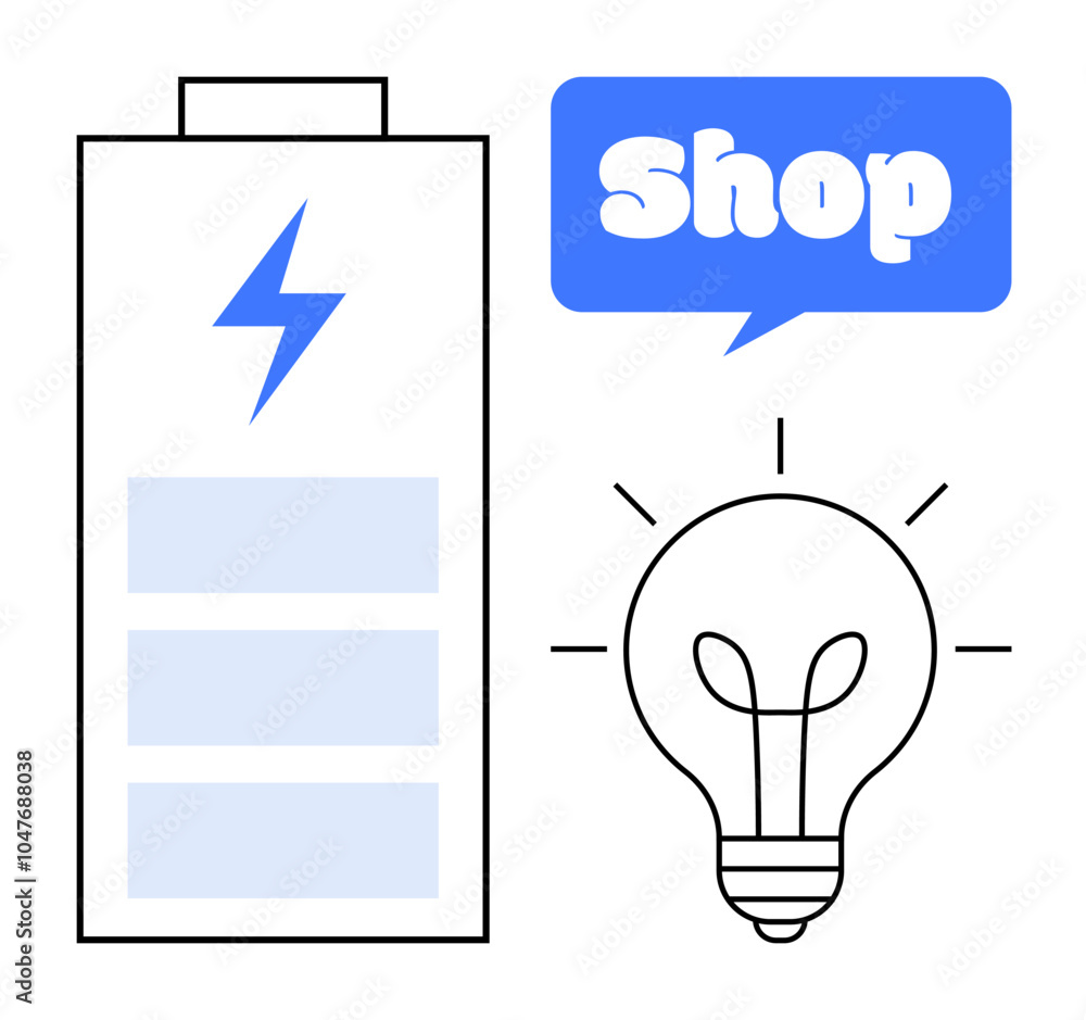 Battery with a lightning bolt, light bulb representing ideas and creativity, blue speech bubble with the word Shop. Ideal for energy, technology, retail, innovation, creativity, e-commerce themes Battery with a lightning bolt, light bulb representing ideas and creativity, blue speech bubble with the word Shop. Ideal for energy, technology, retail, innovation, creativity, e-commerce themes