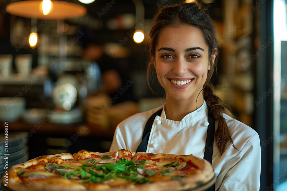Female chef prepares pizza in restaurant kitchen. Female chef prepares pizza in restaurant kitchen.