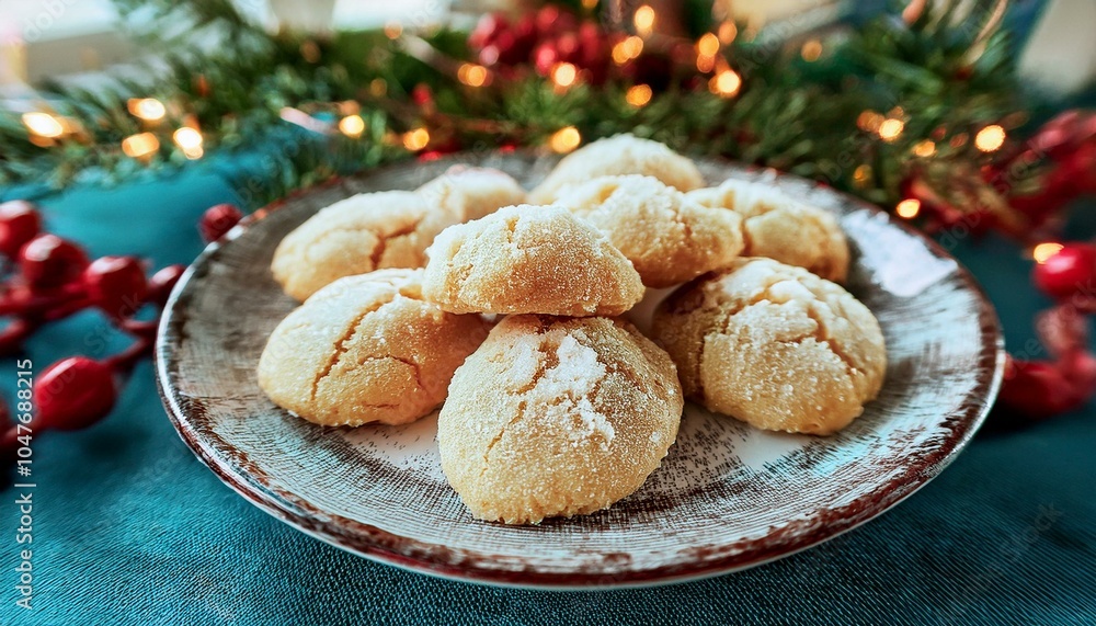 Golden almond marzipan cookies on a festive plate, sunlit kitchen, cozy holiday decor, joyful vibe. Golden almond marzipan cookies on a festive plate, sunlit kitchen, cozy holiday decor, joyful vibe.