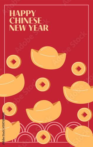 Lunar New Year postcard. Symbol of wealth and prosperity. Chinese coin with a square hole and Yuanbao.