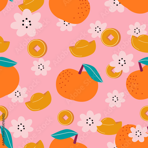 Mandarin oranges and plum blossoms. Seamless pattern elements for Chinese New Year. Traditional Chinese coins and Yuanbao on pink background.