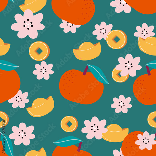 Mandarin oranges and plum blossoms. Seamless pattern elements for Chinese New Year. Traditional Chinese coins and Yuanbao on teal background. Colourful backdrop.