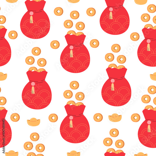 Yuan Coins in the red money bag. Seamless pattern for Chinese New Year. Symbol of wealth and prosperity. Chinese coin with a square hole and Yuanbao on white background.