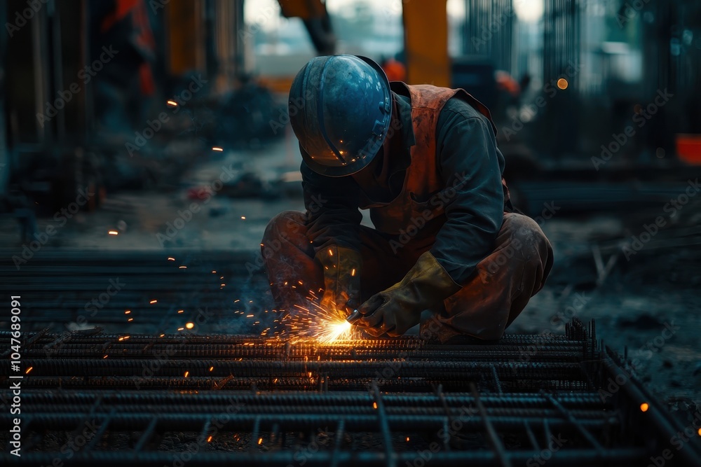 Construction worker welding metal beams with sparks flying. Construction worker welding metal beams with sparks flying.
