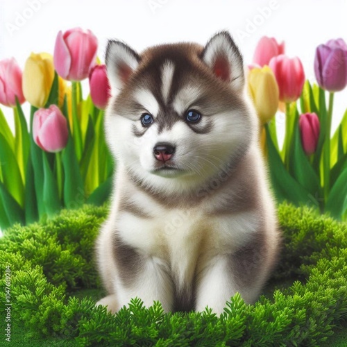 Husky im Tulpenfeld