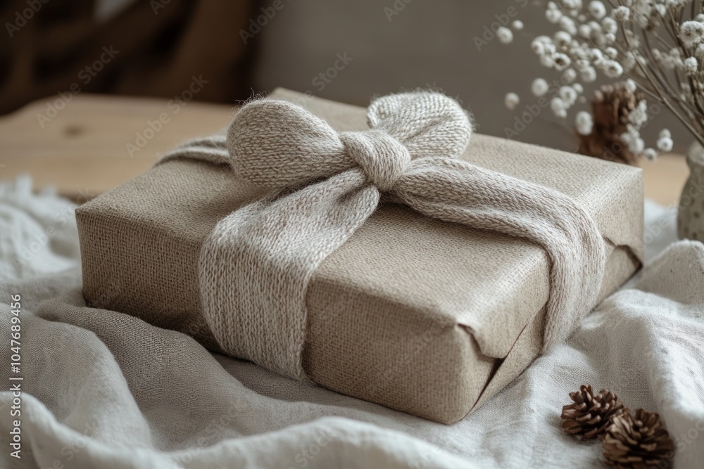 A Christmas present wrapped in cream wool rope
bow A Christmas present wrapped in cream wool rope
bow
