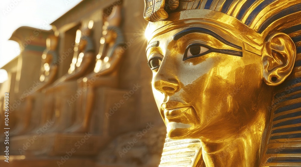 Obraz premium A detailed close up of an Egyptian pharaoh statue adorned with golden decorations.