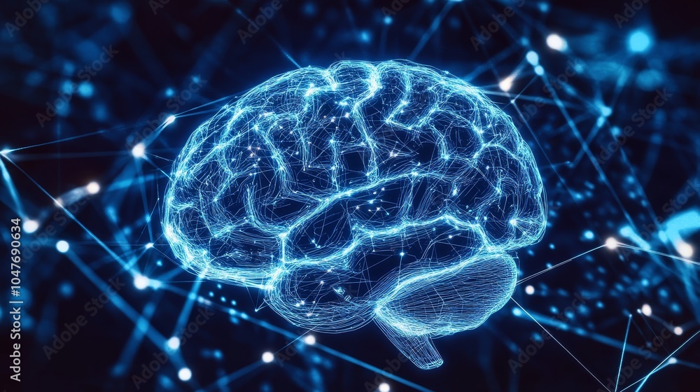A 3-D rendering of a Stock hardware concept. A shining blue brain circuit is placed on a microchip and mounted on a computer motherboard. For Big Data Processing, Stock Trading, Machine Learning, and A 3-D rendering of a Stock hardware concept. A shining blue brain circuit is placed on a microchip and mounted on a computer motherboard. For Big Data Processing, Stock Trading, Machine Learning, and