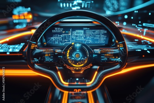 Futuristic car interior with glowing orange and blue lights.