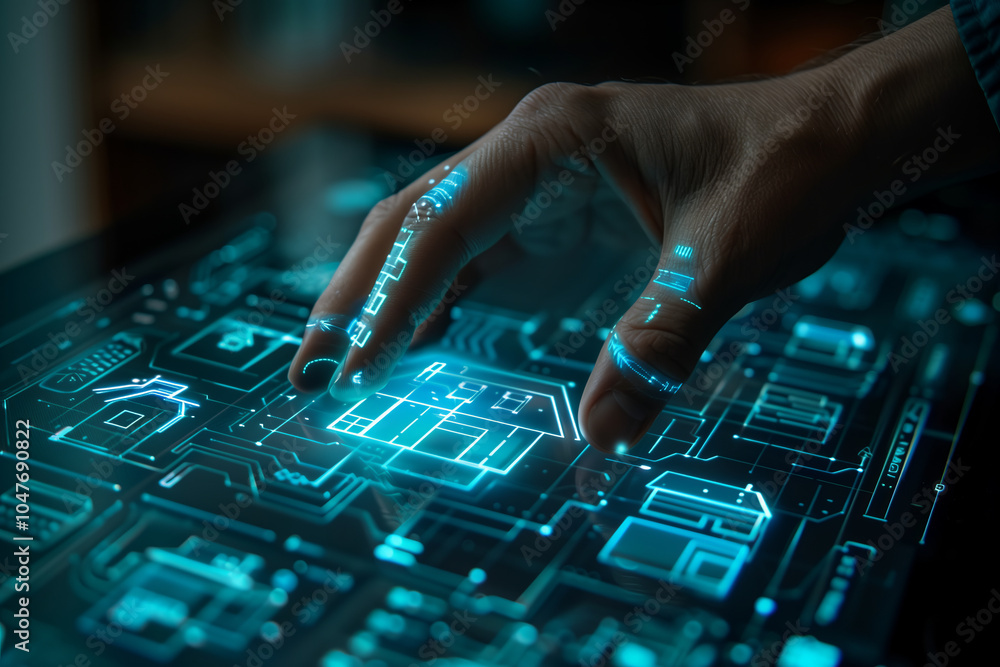 Closeup of hand designing a virtual home model with digital holograms. Closeup of hand designing a virtual home model with digital holograms.