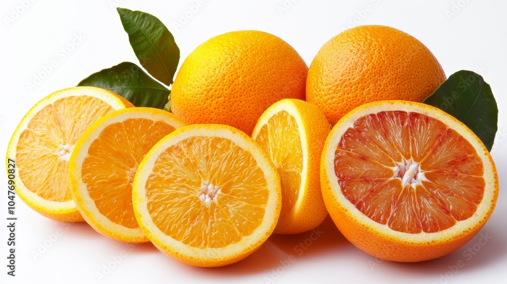Orange slices and whole oranges, showcased on a white background, highlighting their vivid orange color Orange slices and whole oranges, showcased on a white background, highlighting their vivid orange color