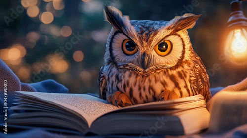 Wallpaper Mural A curious owl engages in reading a book under soft golden light during a serene evening Torontodigital.ca