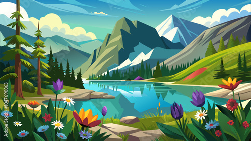 A serene lakeside landscape with vibrant flowers, towering mountains, and a clear blue sky on a bright sunny day