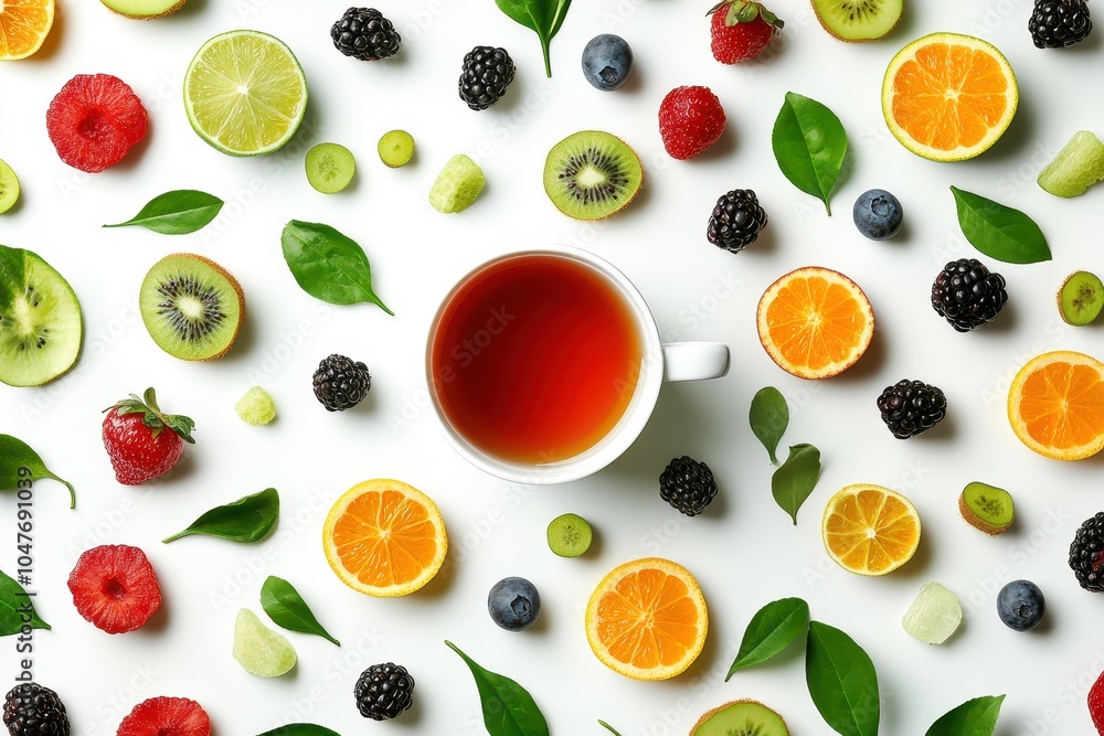 A cup of tea surrounded by fresh fruit and berries. A cup of tea surrounded by fresh fruit and berries.