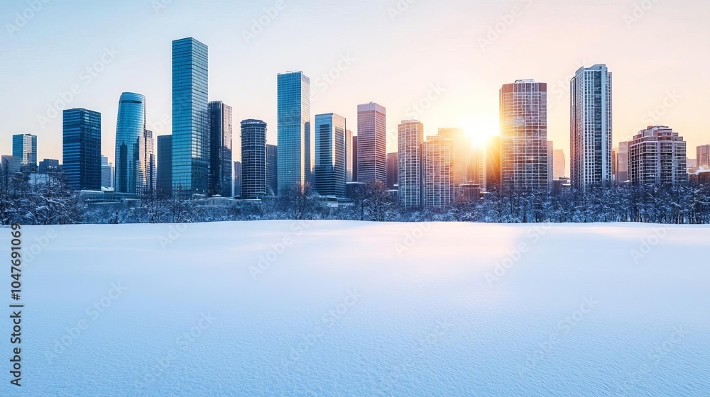 Majestic skyline with tall skyscrapers under a blanket of fresh snow, warm rays of morning light piercing through, snowy skyline, winter glow Majestic skyline with tall skyscrapers under a blanket of fresh snow, warm rays of morning light piercing through, snowy skyline, winter glow