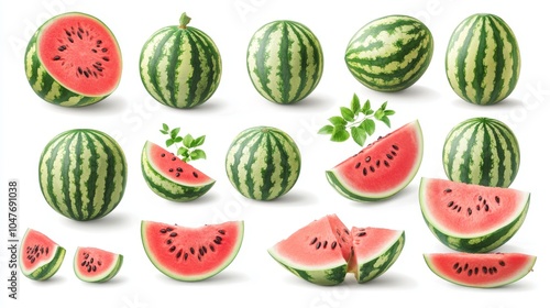 Selection of watermelons with sliced segments, isolated against a white backdrop, emphasizing their refreshing quality