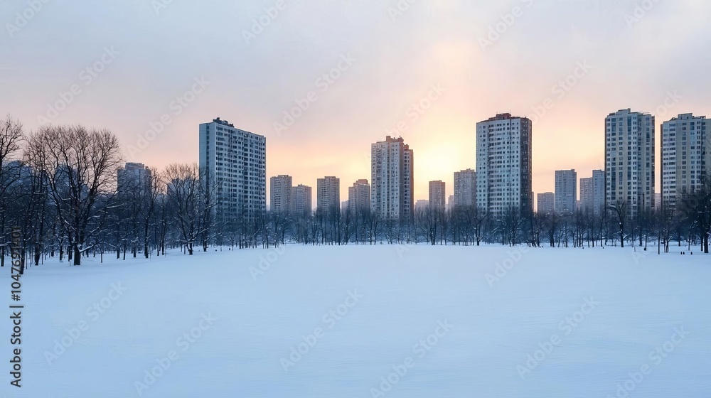 Fototapeta premium Sunlight breaking through clouds over a snowcovered city park, distant buildings glowing in soft morning light, winter park, urban calm