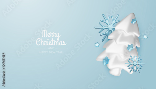 Happy New Year and Merry Christmas. Christmas holiday background with realistic 3d objects, blue and white bauble balls, conical metal stars, gift. Levitation falling design composition.