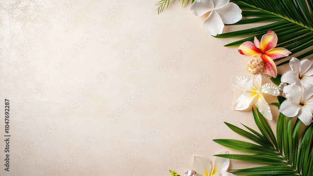 Tropical Plumeria and Palm Leaves Frame on Beige Background Tropical Plumeria and Palm Leaves Frame on Beige Background