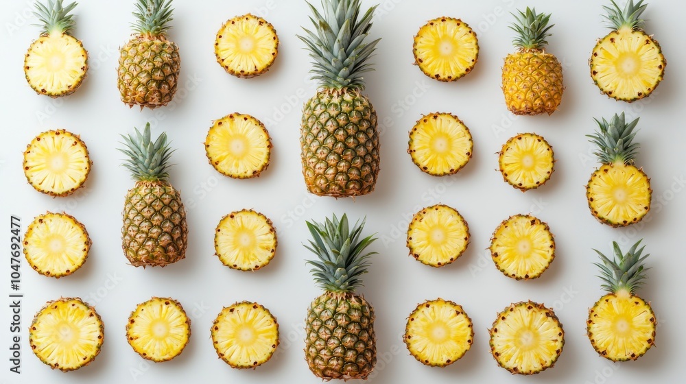 Group of pineapples with slices and peels, isolated on a pure white background, capturing their fruity and exotic nature Group of pineapples with slices and peels, isolated on a pure white background, capturing their fruity and exotic nature