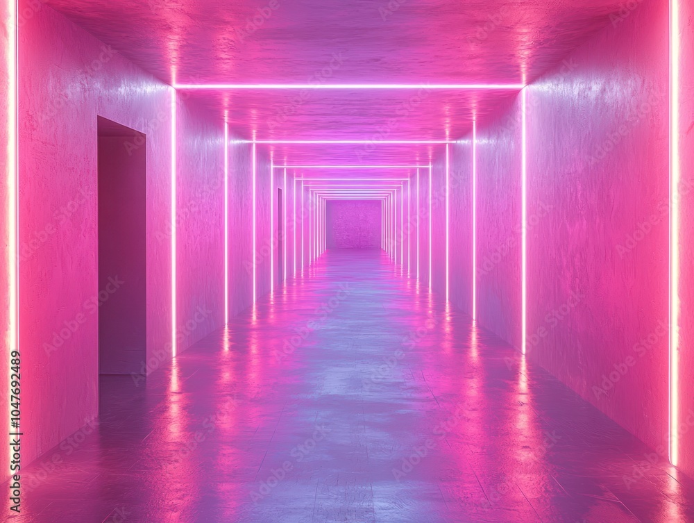 Pink Neon Lights Illuminating a Concrete Hallway Pink Neon Lights Illuminating a Concrete Hallway