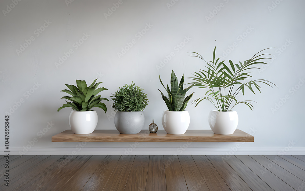 Minimalist green plants on a wooden shelf white and grey pots modern home decor Minimalist green plants on a wooden shelf white and grey pots modern home decor