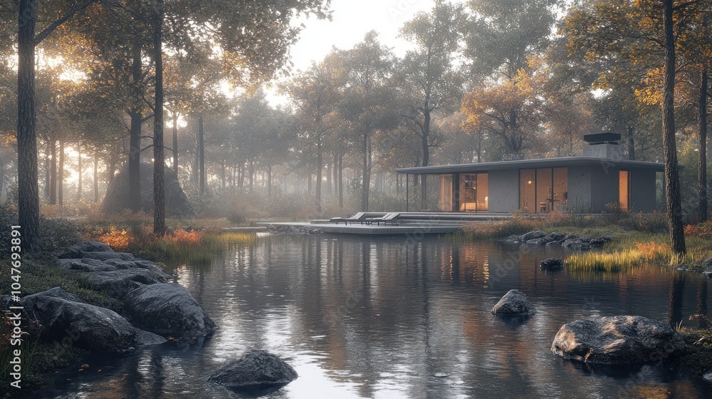 Obraz premium Modern house in a foggy forest with a pond in the foreground.