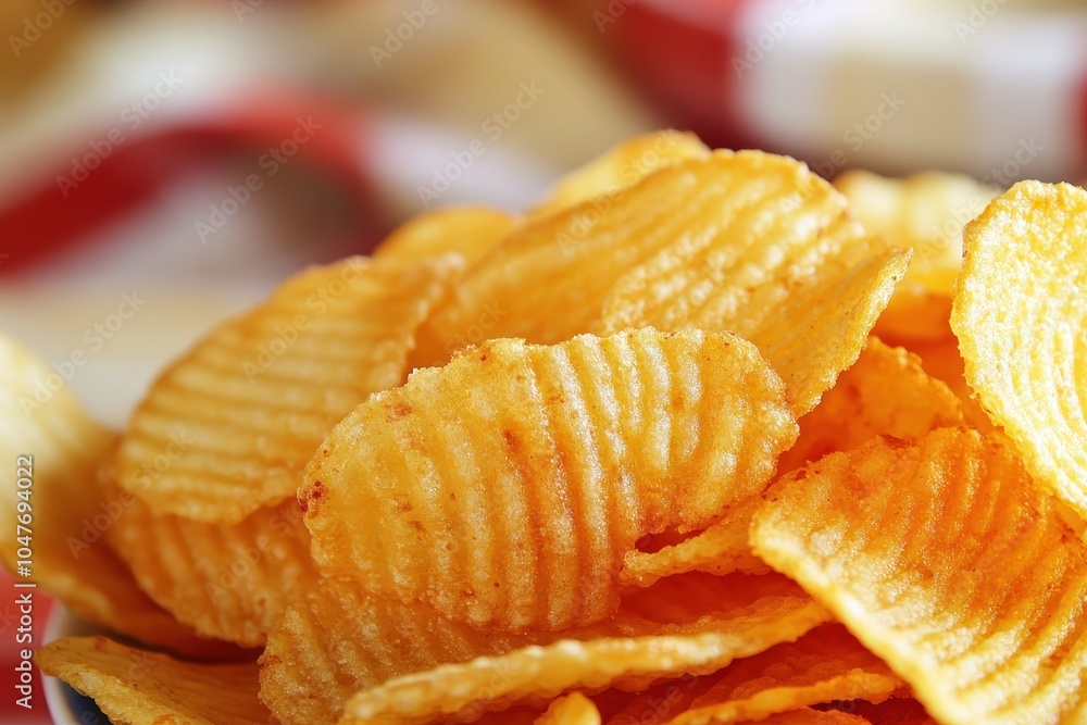 Close-up of crispy potato chips. Close-up of crispy potato chips.