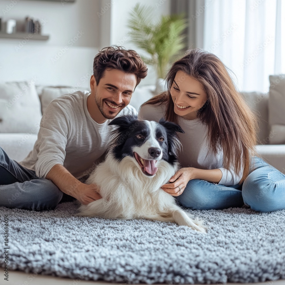 A family of three happily plays with a blue merle Border Collie on the sofa in a minimalist interior A family of three happily plays with a blue merle Border Collie on the sofa in a minimalist interior