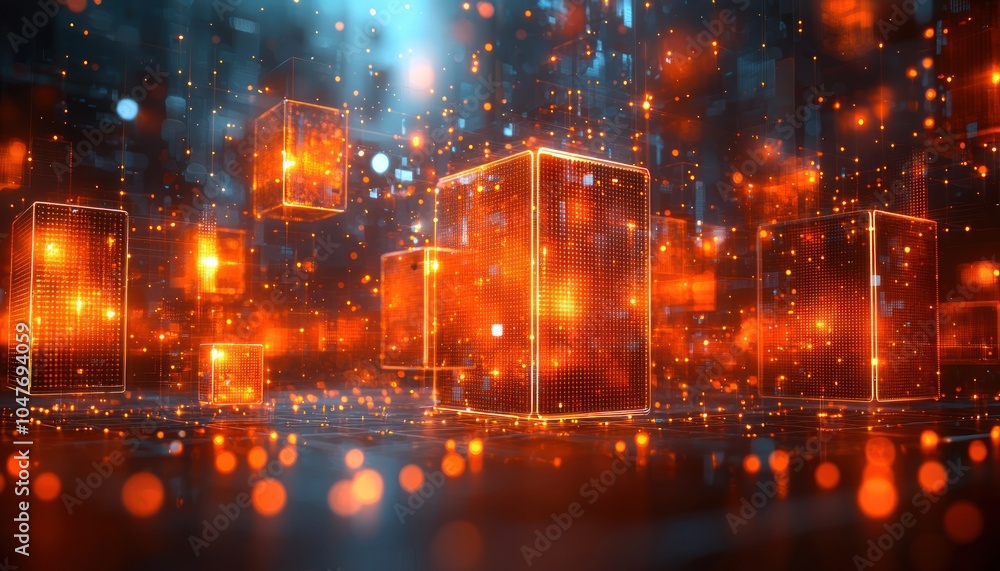 Glowing Orange Cubes in a Dark Digital Space Glowing Orange Cubes in a Dark Digital Space