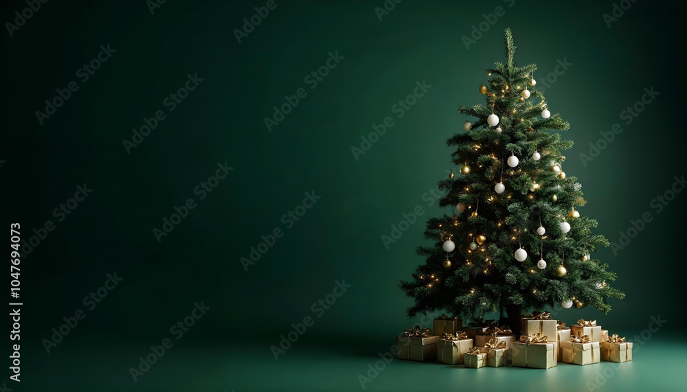 Fototapeta premium Luxurious Christmas Tree in a dark green background