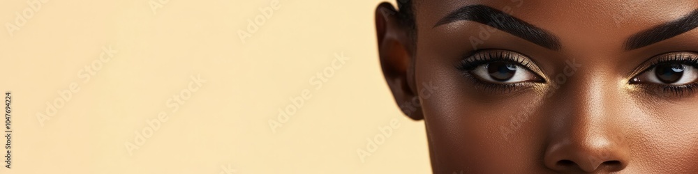 Fototapeta premium Banner with copy space. African american model showcasing beauty in studio portrait with half face 