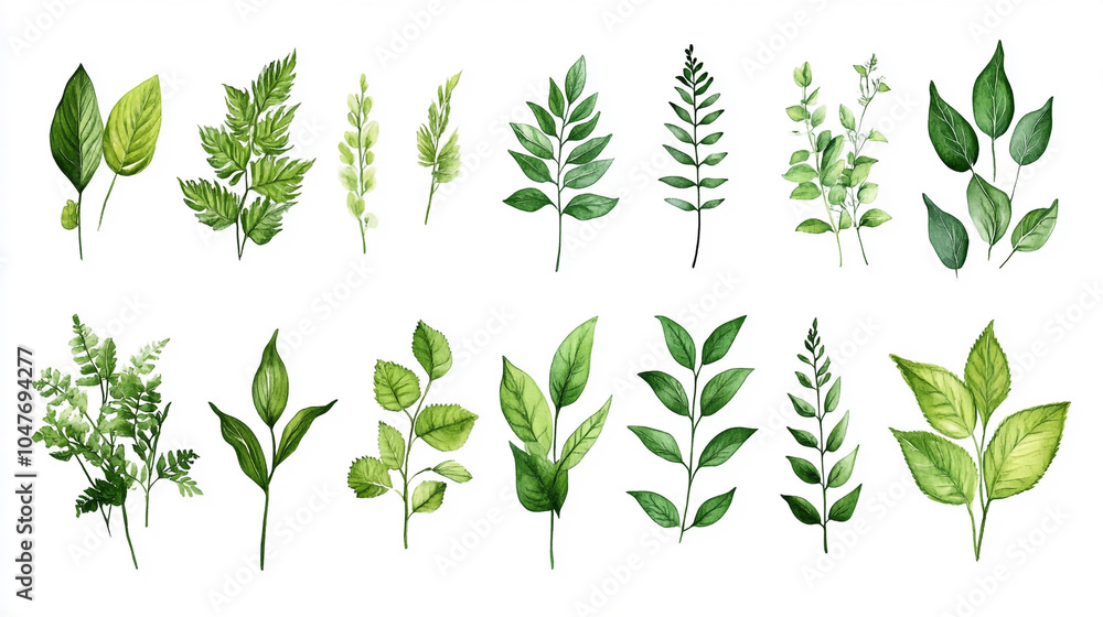 A detailed arrangement of various green leaves showcasing their unique shapes and textures A detailed arrangement of various green leaves showcasing their unique shapes and textures