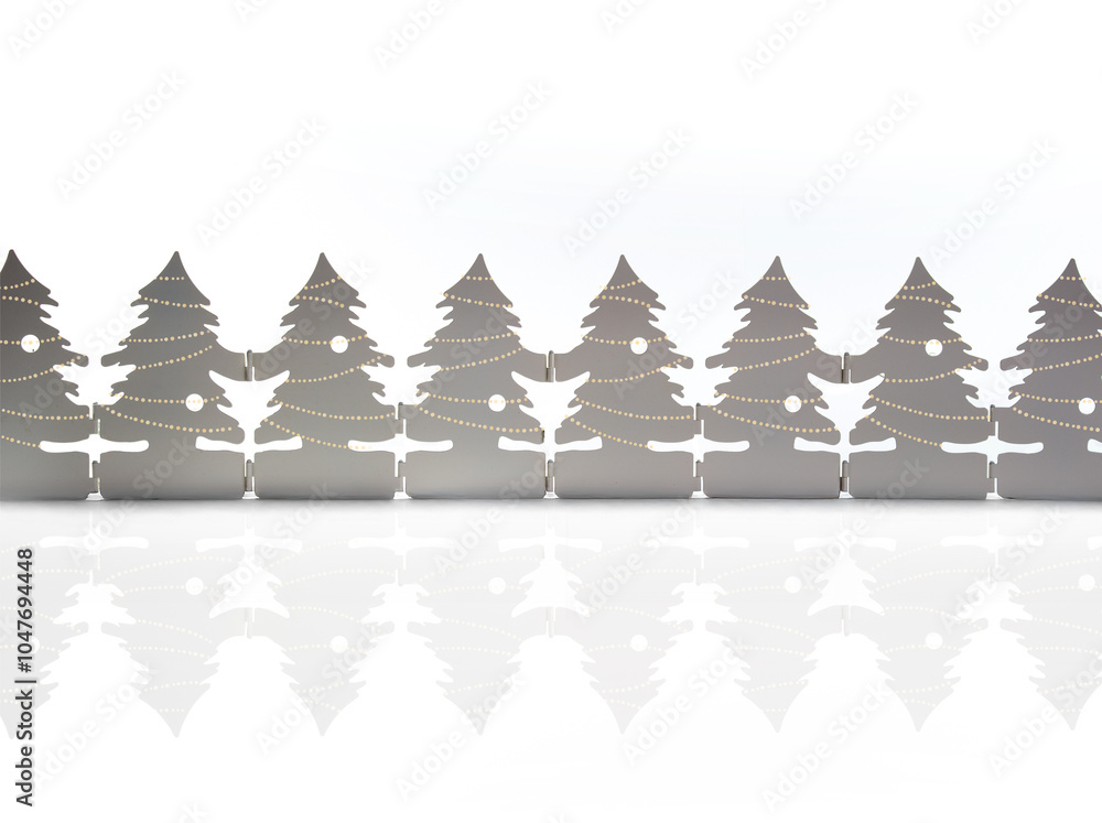 Obraz premium Christmas tree silhouettes with light chains in a row. Group of metal trees with Christmas lights. Minimalist design. Holiday season decoration or celebration. Selective focus. White background.