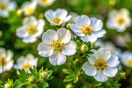 Symmetrical arrangement of White Cinquefoil flowers in a garden