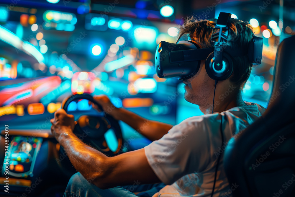 Young man playing virtual reality driving game with vr in the game room. Young man playing virtual reality driving game with vr in the game room.