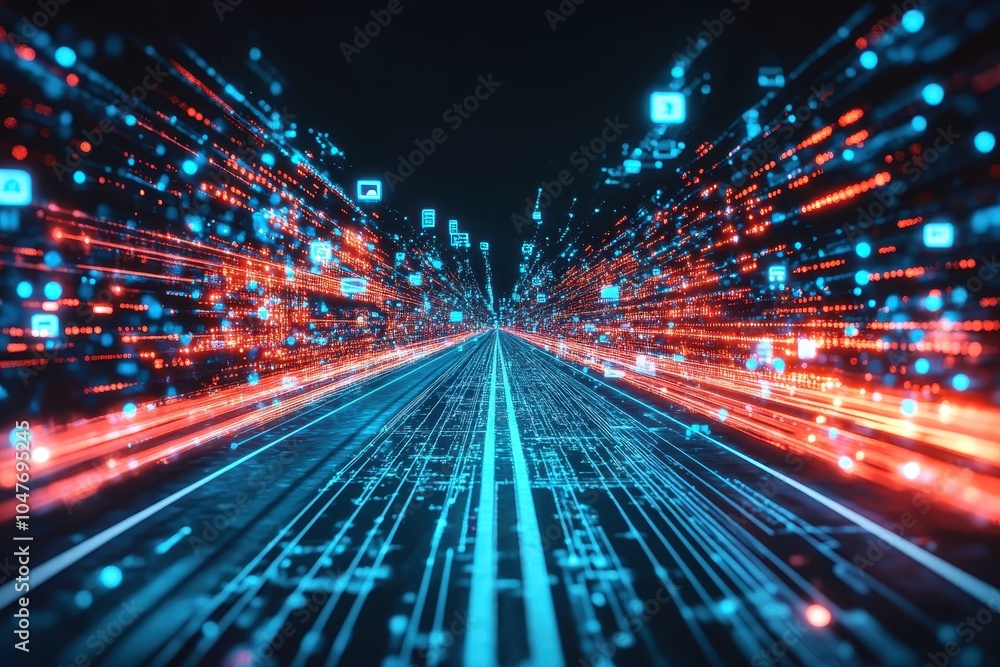 Fototapeta premium A futuristic digital highway with red and blue lights.