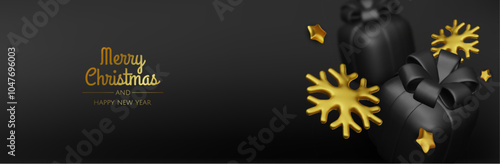 Happy New Year and Merry Christmas. Christmas holiday background with realistic 3d objects, Gift boxes, Christmas balls, snowflakes, conical metal stars.