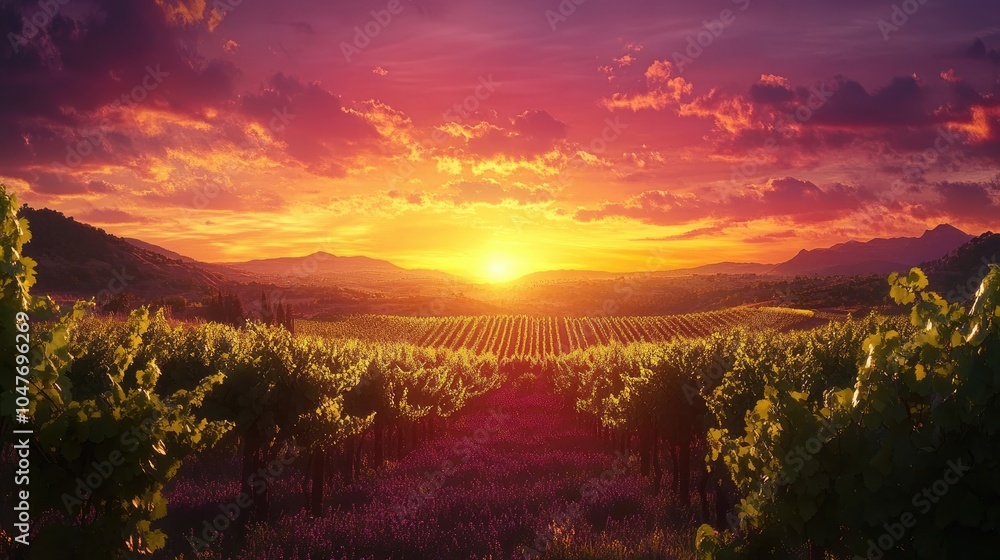 A beautiful sunset over a vineyard, with grapevines silhouetted against the vibrant sky, representing the art of winemaking. A beautiful sunset over a vineyard, with grapevines silhouetted against the vibrant sky, representing the art of winemaking.