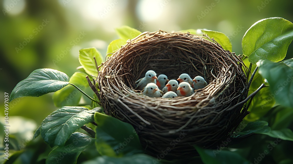 A nest of baby birds in a tree, nestled amongst green leaves, with the sun shining through the branches. A nest of baby birds in a tree, nestled amongst green leaves, with the sun shining through the branches.