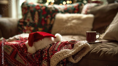 Wallpaper Mural Cozy christmas living room with santa hat and hot cocoa on festive blanket Torontodigital.ca