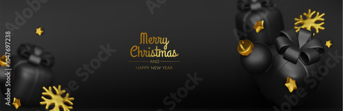 Happy New Year and Merry Christmas. Christmas holiday background with realistic 3d objects, gold and black bauble balls, conical metal stars, gift. Levitation falling design composition.