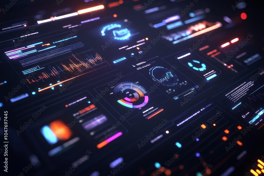 A futuristic cybersecurity dashboard designed to monitor system health and security levels across IT. A futuristic cybersecurity dashboard designed to monitor system health and security levels across IT.