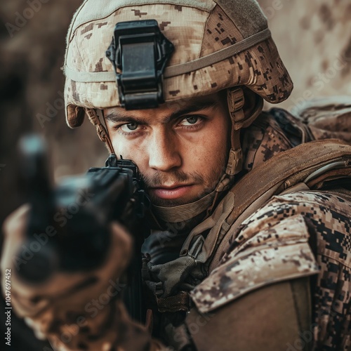 A soldier, intensely focused, aims his rifle carefully, demonstrating precision and alertness in the field. photo