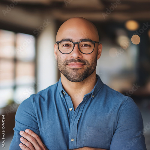 A bald man in blue shirt and glasses stands confidently with arms crossed in modern office setting.